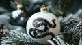 Detailed image of a minimalist white Christmas ornament with a modern, abstract snake design in black, providing a Royalty Free Stock Photo