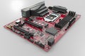 Close-up of red circuit board with high-tech components. ideal for tech themes. modern computer hardware. AI