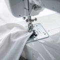 Detailed image of the sewing process: a sewing machine with white fabric under the presser foot Royalty Free Stock Photo