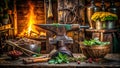 Rustic Smithy Scene with Anvil Fire and Vintage Metalwork Royalty Free Stock Photo