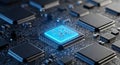 Close up view of advanced microprocessor chip with glowing blue core on complex electronic circuit board Royalty Free Stock Photo