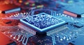 Close up view of a modern computer processor chip with intricate circuit patterns and glowing network connections Royalty Free Stock Photo