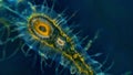 A detailed image of a single cyanobacteria cell a type of bluegreen algae with its spiral shape and long hairlike