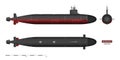 Detailed image of submarine. Military ship. Top, front and side view. Battleship model. Industrial drawing. Warship Royalty Free Stock Photo