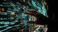 A detailed image of a technicians hands manipulating a complex algorithm interface with lines of code illuminating