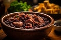 Detailed image of a traditional feijoada, a rich blend of black beans and pork, in a rustic pot.