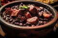 Detailed image of a traditional feijoada, a rich blend of black beans and pork, in a rustic pot.