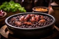 Detailed image of a traditional feijoada, a rich blend of black beans and pork, in a rustic pot.