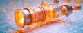 detailed industrial engine blueprint with glowing orange elements, showcasing intricate designs and technology. image captures Royalty Free Stock Photo