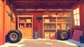 Detailed interior of a garage or workshop with repair tools and car tyres. Modern illustration of an empty garage, shed Royalty Free Stock Photo