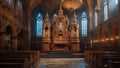 Grand old cathedral with high rising ceilings adorned with gothic styled sculptures and pipe organ Royalty Free Stock Photo