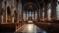 Grand old cathedral with high rising ceilings adorned with gothic styled sculptures and pipe organ Royalty Free Stock Photo