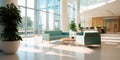 Detailed interior shots of a modern hospital lobby, showcasing the sleek design, comfortable seating areas, and welcoming