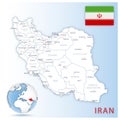 Detailed Iran administrative map with country flag and location on a blue globe.