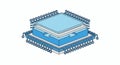 Detailed isometric diagram of a blue layered microchip structure representing a CPU or integrated circuit isolated vector illustra Royalty Free Stock Photo