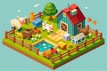 A detailed isometric farm layout featuring diverse animals, barns, and a tranquil pond surrounded by greenery, Customizable Royalty Free Stock Photo