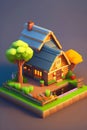 detailed isometric straw bale house,big coffee glass,farm, rabbit,fish pond,bush,1 floor,pixel art, unreal engine voxel rendering,