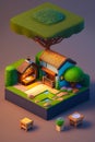 detailed isometric straw bale house,big coffee glass,farm, rabbit,fish pond,bush,1 floor,pixel art, unreal engine voxel rendering,