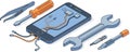 Isometric Smartphone Repair and Maintenance vector Illustration, mobile repair shop icon Royalty Free Stock Photo