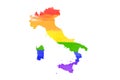 Detailed Italy country silhouette map in LGBT PRIDE rainbow colours on white