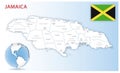 Detailed Jamaica administrative map with country flag and location on a blue globe