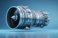 High-tech jet engine displayed against a blue backdrop showcasing modern aerospace engineering and design Royalty Free Stock Photo
