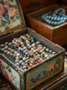 A detailed jewelry box displaying a collection of multicolored beads and intricate jewelry. Royalty Free Stock Photo