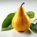 Detailed 8k Photo Of Pear With Green Leaves And Raindrops
