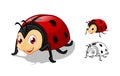 Detailed Ladybug Cartoon Character with Flat Design and Line Art Black and White Version