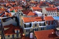 Detailed landscape view of ancient red tile roof buildings in city center of Lisbon. View from top of Santa Justa Lift