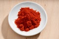 Close up shot of powdered paprika on a small plate