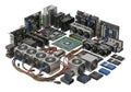 Detailed layout of computer server components including motherboard, processors, and cooling fans on a white background Royalty Free Stock Photo
