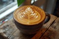 Detailed leaf design in latte foam, served on a rustic table in a quiet coffee shop corner. AI generated.