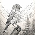 Detailed Line Art Illustration Of A Finch Perched On Moss