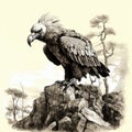 Detailed Line Art Of A Vulture Perched On Moss