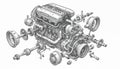 Detailed line drawing shows internal combustion engine assembly. Exploded view displays complex tech structure, parts, mechanism. Royalty Free Stock Photo