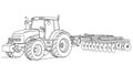 A detailed line drawing of a tractor pulling a disc harrow for farm work Royalty Free Stock Photo