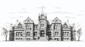 Detailed Linework Illustration Of A University Style Building