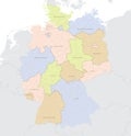 Detailed location map of Germany in Europe with administrative divisions into federal states and regions of the country, vector