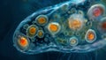 A detailed look at the internal structures of a ciliate including its nucleus food vacuoles and cytoplasm filled with