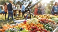 A detailed look at a picnic spread with a variety of colorful fruits and vegetables like strawberries gs and carrots