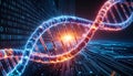 Close-up of a luminous DNA double helix with digital binary code and circuit board details Royalty Free Stock Photo