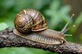 Detailed macro capture of a snail moving slowly on a tree branch in a close up view