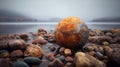 Rusty textured stone on wet lake shore â nature close-up symbolizing resilience, calm, and natural beauty Royalty Free Stock Photo