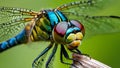 Detailed macro image of a dragonfly resting on a leaf, showcasing its vividly colored eyes and delicate wings in sharp focus Royalty Free Stock Photo