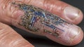 A detailed macro photograph capturing the intricate fusion of human and machine showcasing a tiny microchip computer resting on Royalty Free Stock Photo