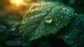Detailed macro photorealism of raindrop on leaf with visible water texture and depth of field