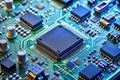 Detailed macro shot of a central processing unit on a green printed circuit board with intricate pathways Royalty Free Stock Photo