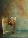 Detailed macro shot of a common housefly resting on the brim of a water-filled glass, with a rustic background Royalty Free Stock Photo