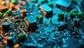 Detailed macro shot of electronic circuit board components and microchips close up Royalty Free Stock Photo
